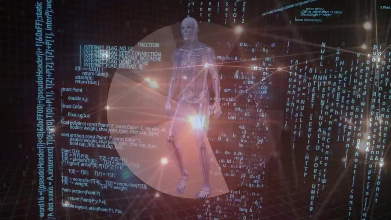 Animation of rotating brain over data processing and digital binary wearing vr headset