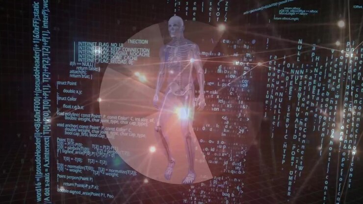 Animation of rotating brain over data processing and digital binary wearing vr headset