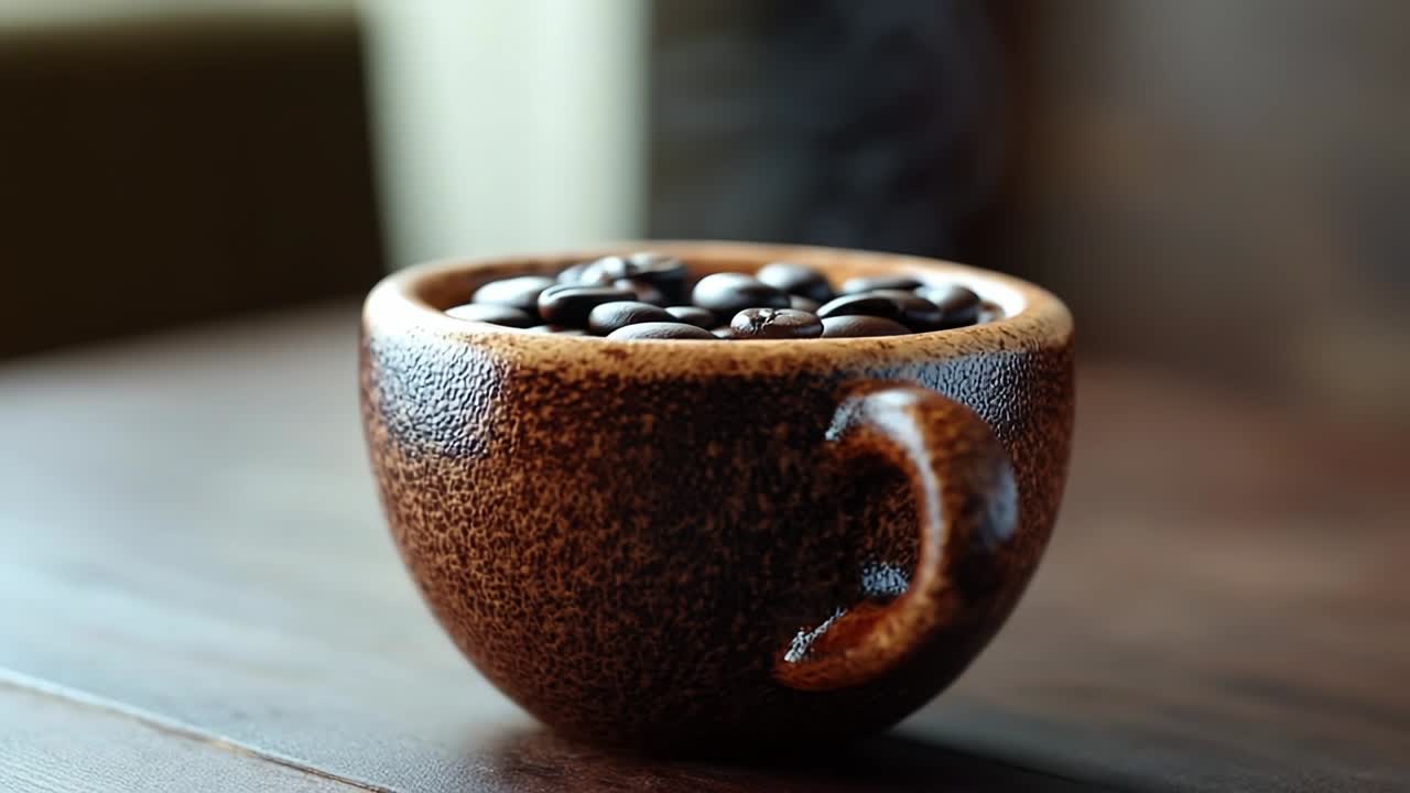 Coffee cup filled with roasted beans. A rustic cup holds fresh roasted coffee beans on a wooden surface, with steam rising gently in a cozy setting.