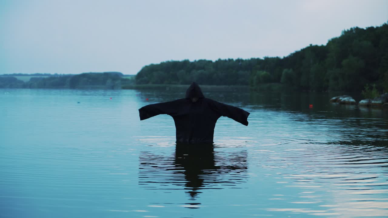 Ghost woman in the water outdoor. Scary figure in black mantle.