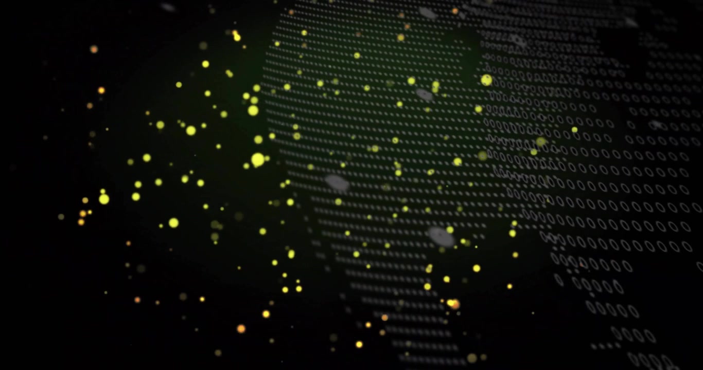 Central cluster glowing yellow-green particles floating in digital space, forming dotted wave