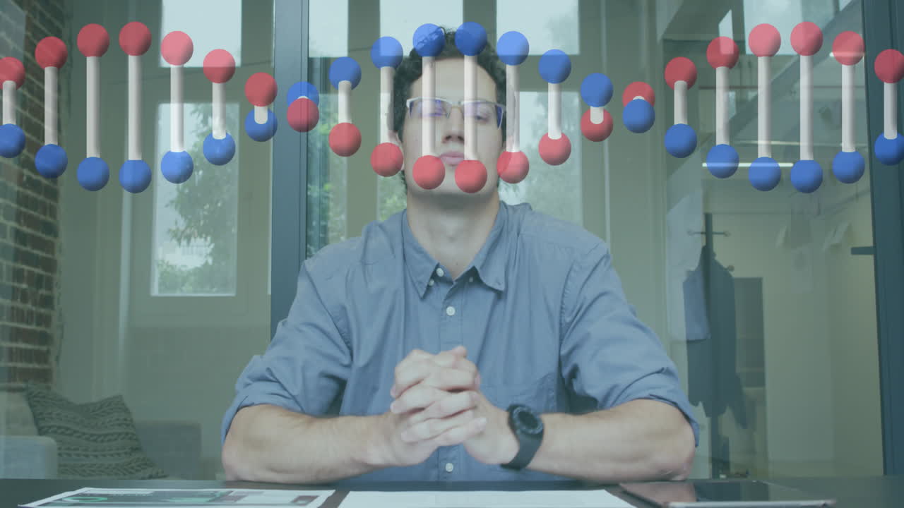 animación de la cadena de adn sobre el hombre de negocios en la oficina