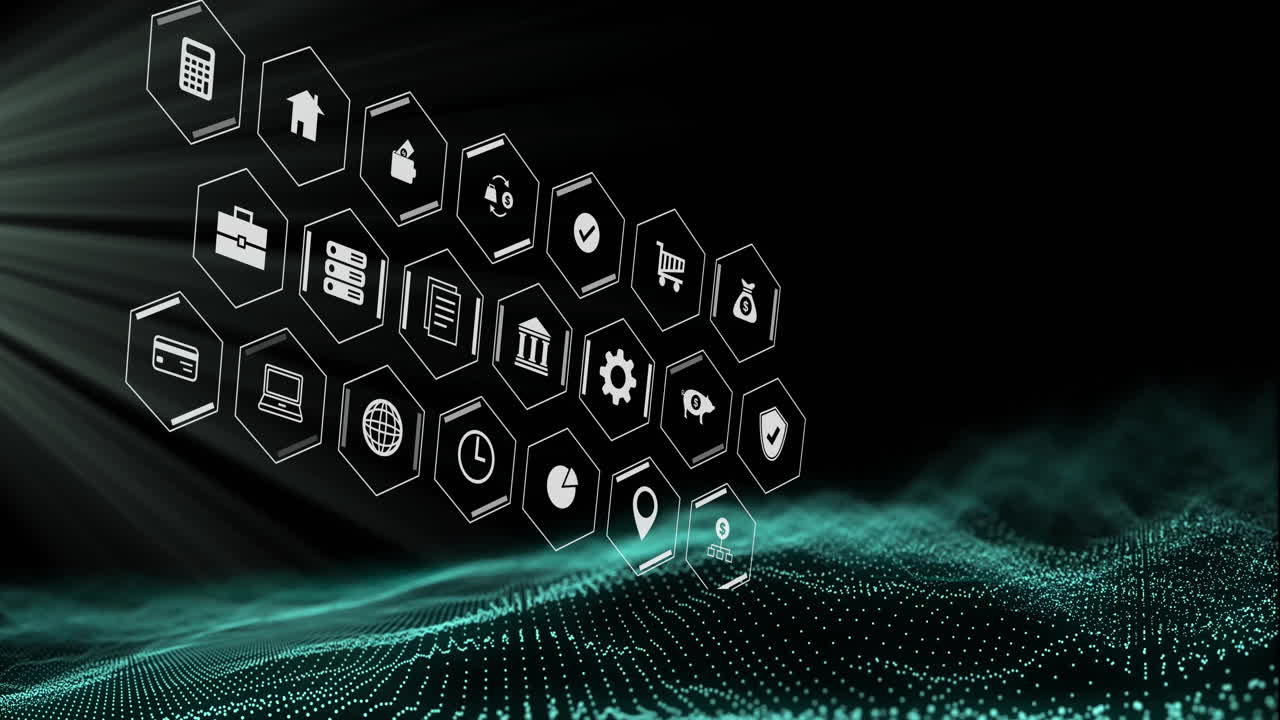Animation of business icons over light spots on black background