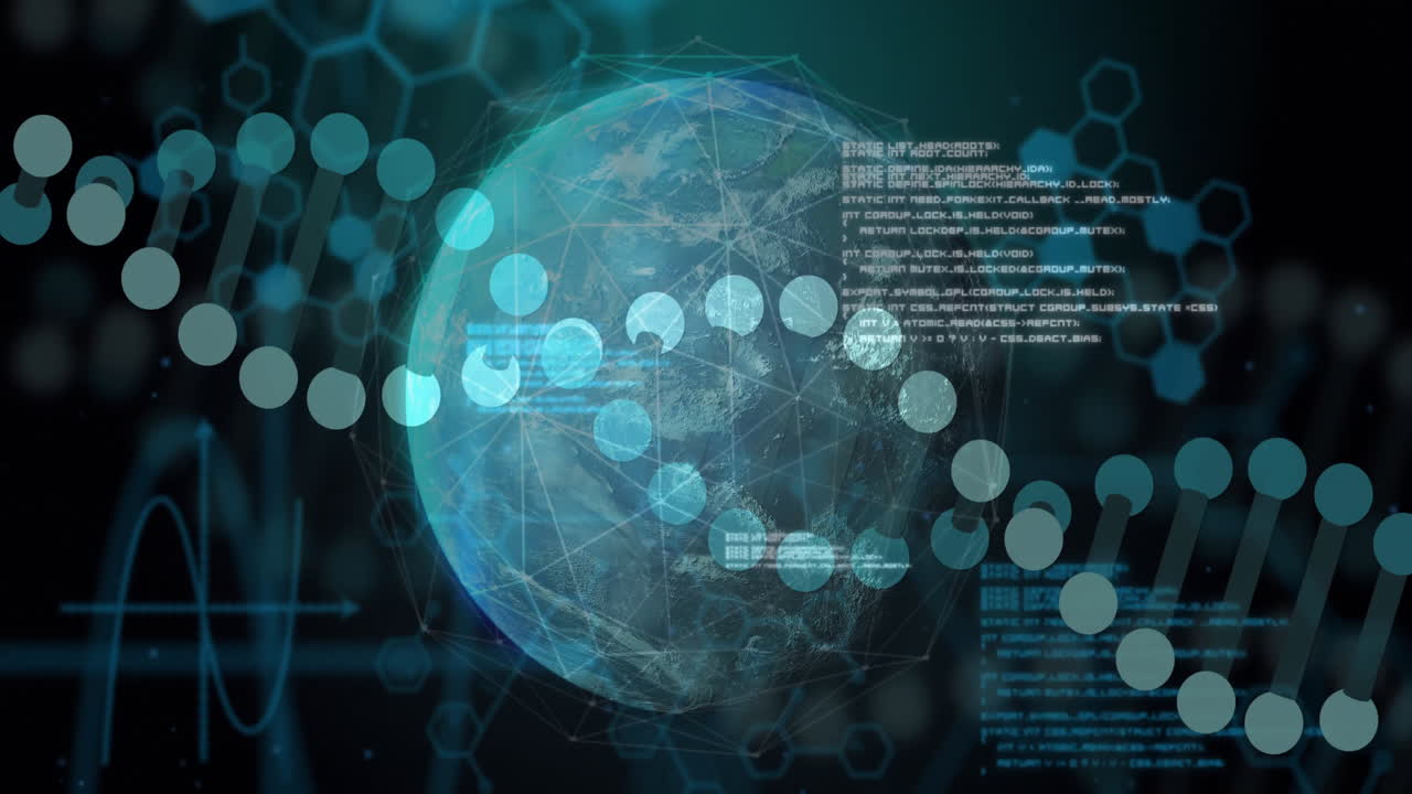 Earth globe floating at center, network mesh glowing, DNA helix dots rotating, waveform scrolling