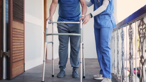 Senior,-legs-and-nurse-with-walker