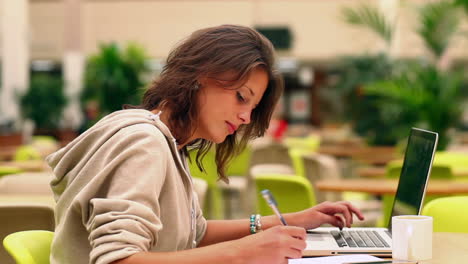 Lächelnder-Student-Bei-Der-Arbeit-In-Der-Kantine