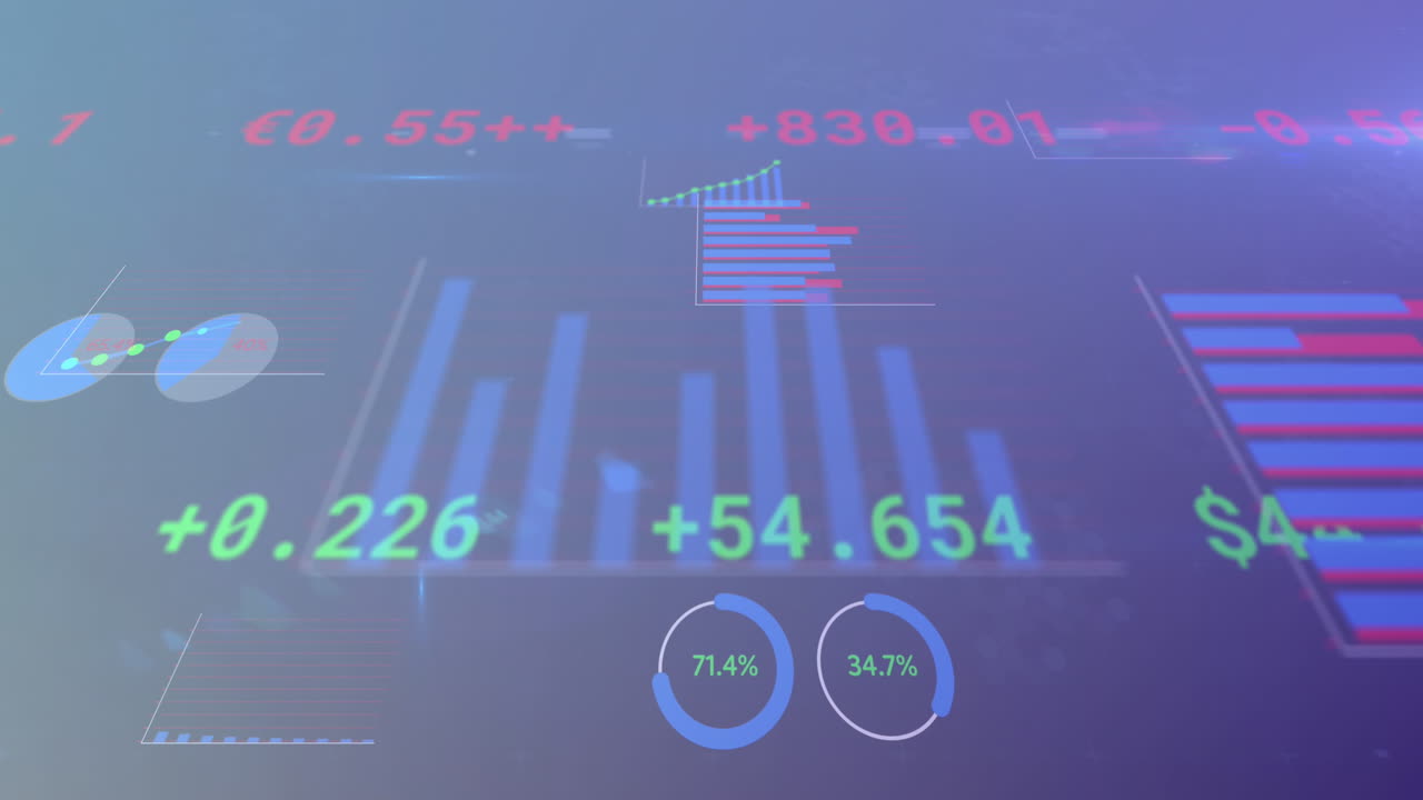 Animation of multiple graphs, trading board and loading circles with lens flare in background