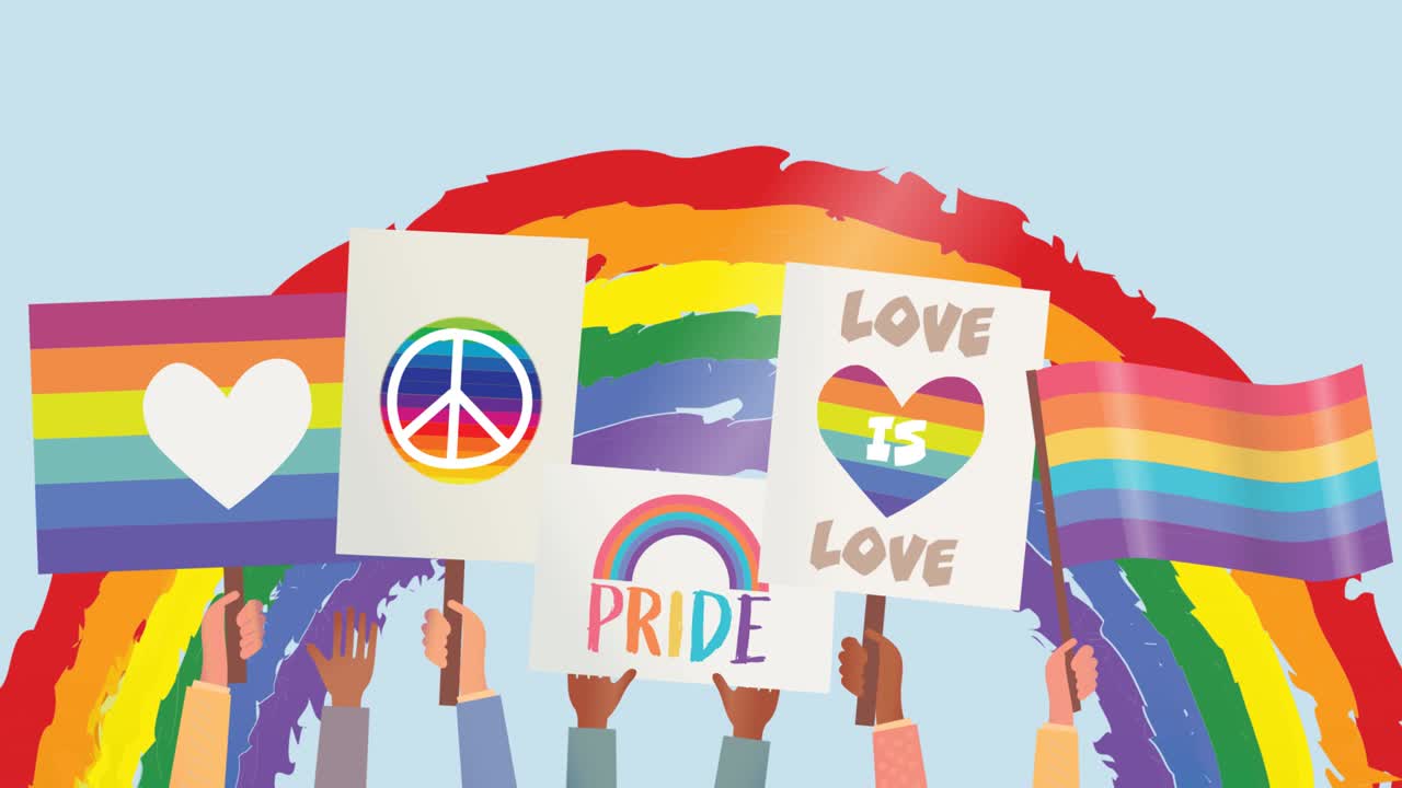 Animation of lgbtq demonstration posters and rainbow flags over rainbow
