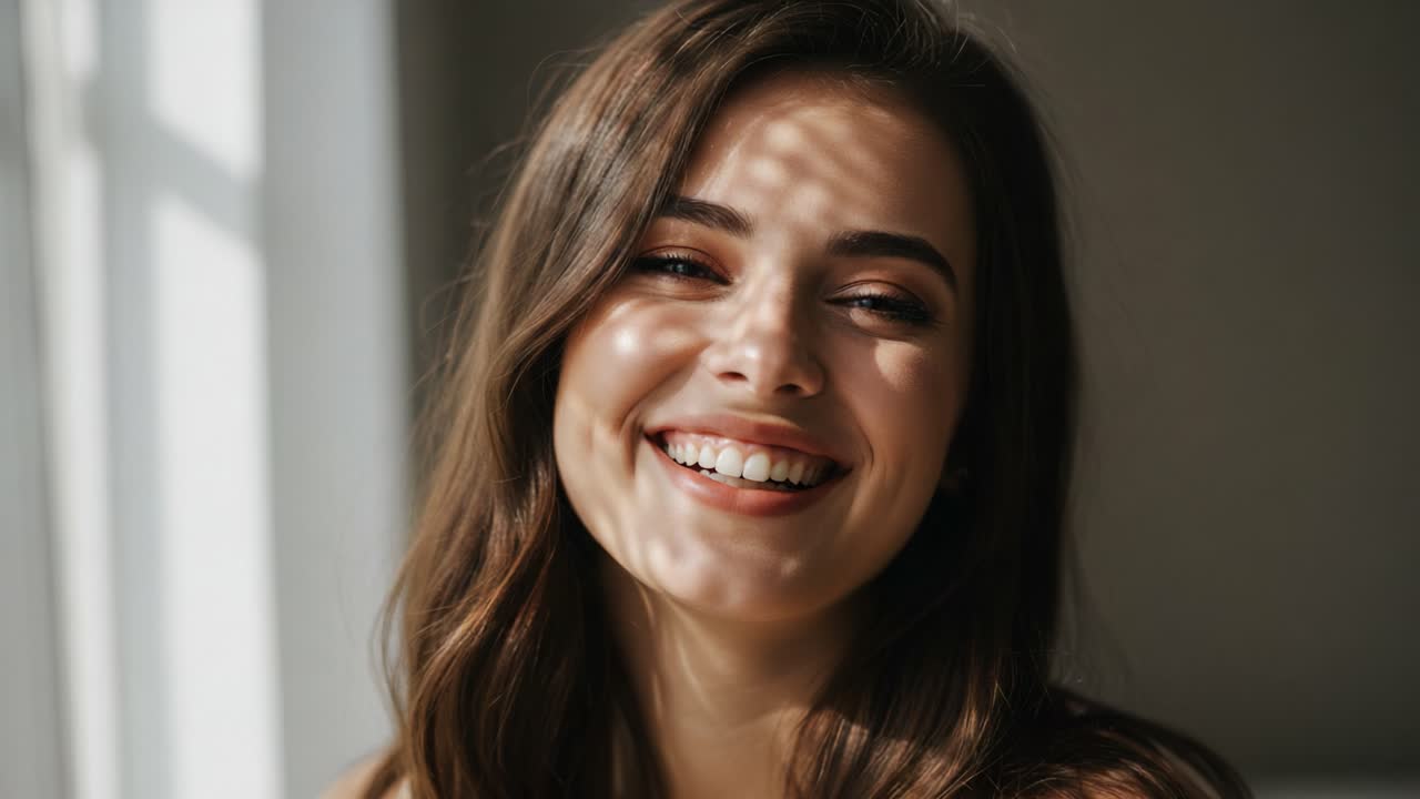 Captivating Portraits of a Joyful Young Woman Bathed in Natural Light, Showcasing Her Radiant Smile and the Play of Shadows Across Her Face