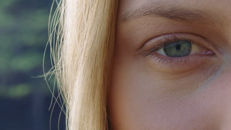 close up beautiful blue eye opening looking contemplative