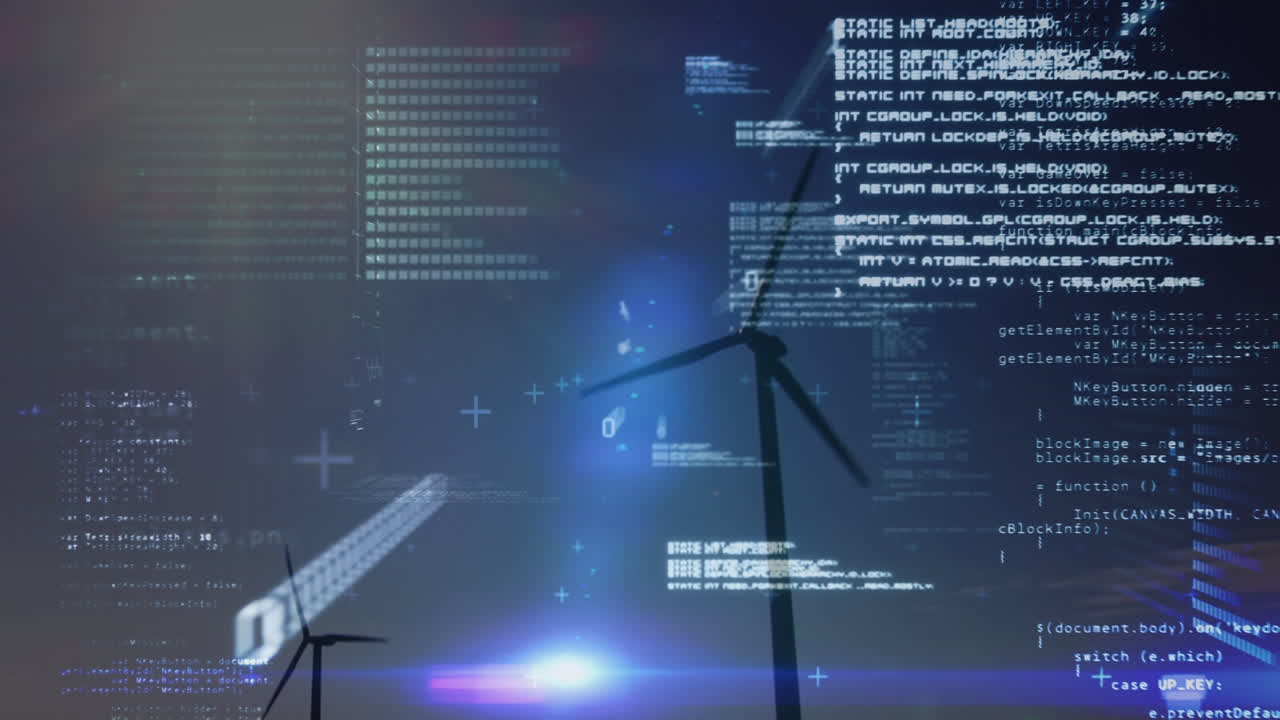 Animation of data processing over wind turbines | วิดีโอสต็อกแบบ พรีเมี่ยม
