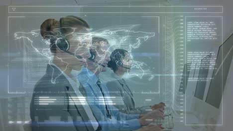 Animation-of-financial-data-processing-over-business-people-wearing-headsets-working-in-office