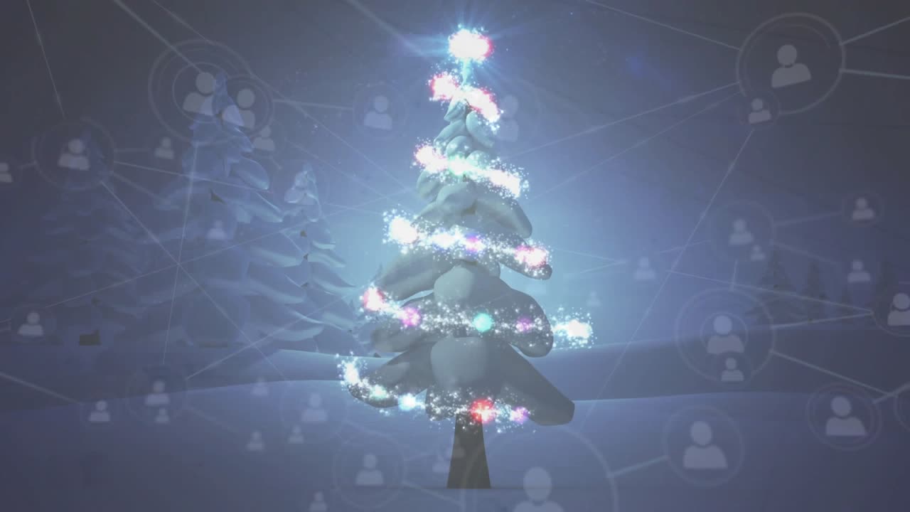 Orb streaking from sky, curving around pine, trailing sparkles wrapping to reveal network icons