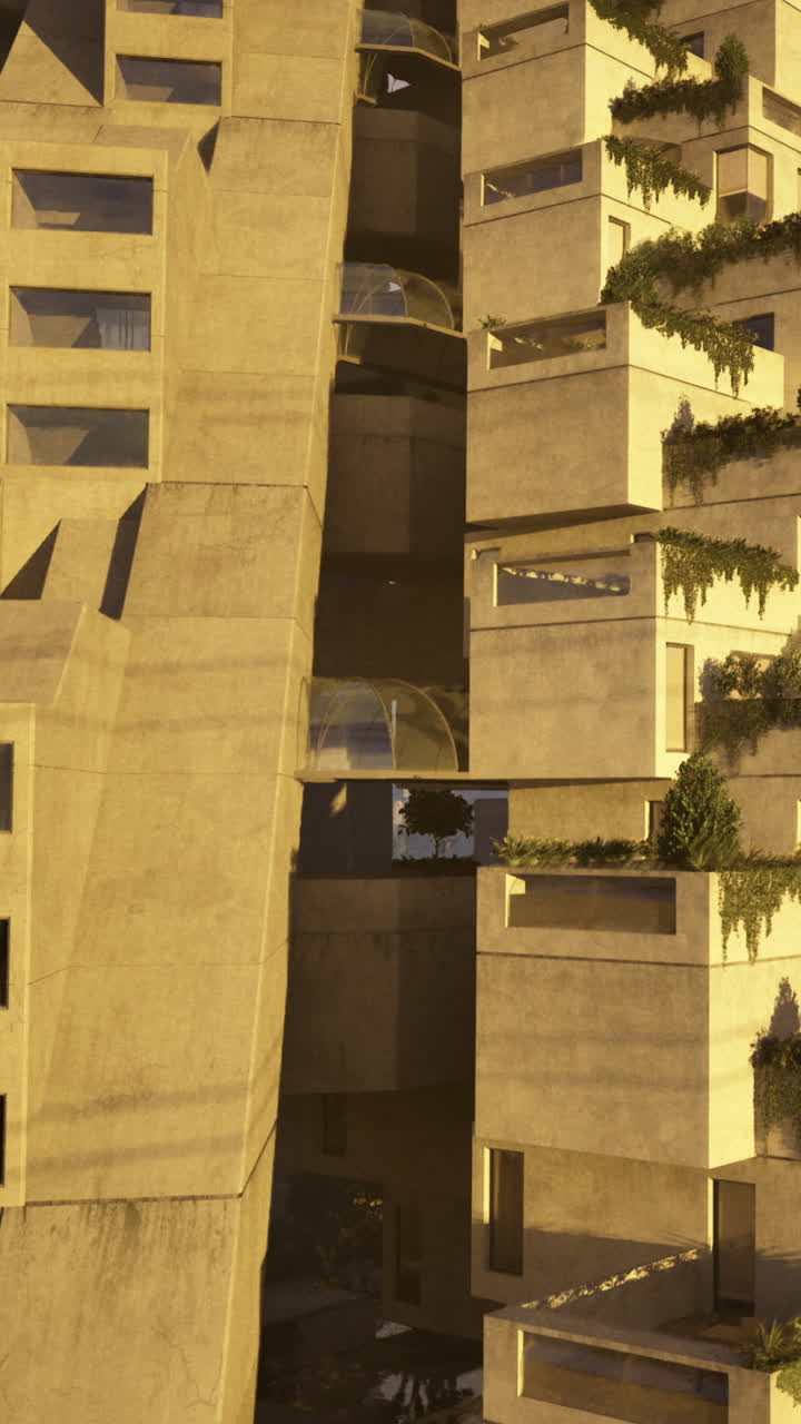 Design moderno de edifício com espaços verdes em uma área urbana à luz do entardecer.
