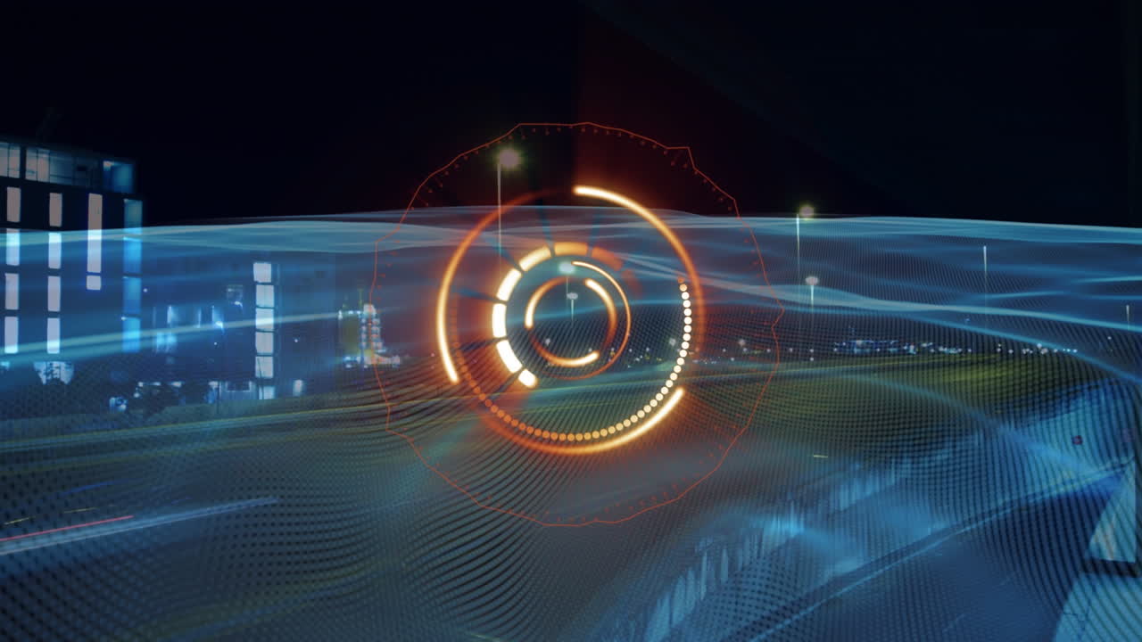 Animation of financial data processing over cityscape