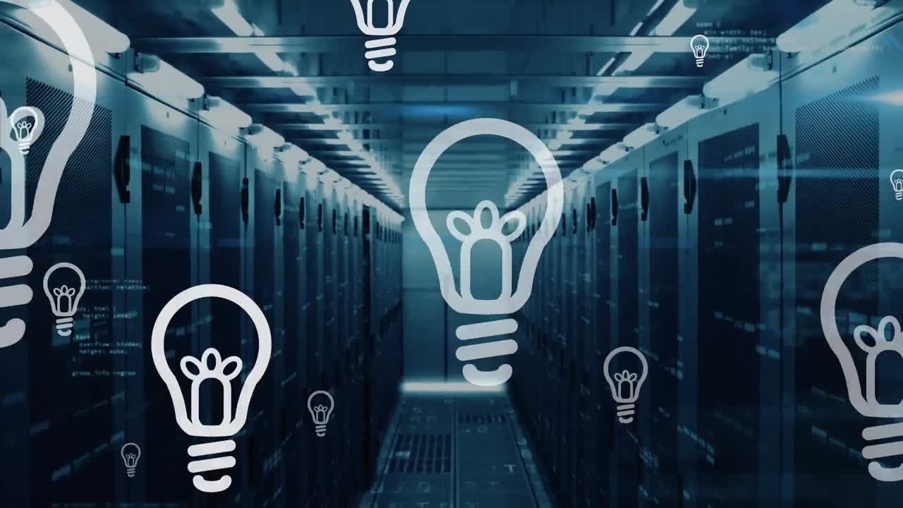 Animation of multiple electric bulb icons floating and mosaic squares against computer server room