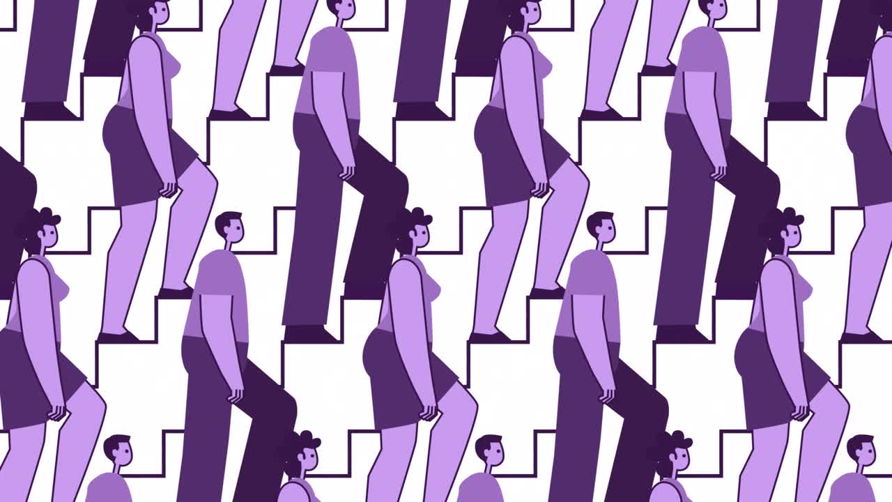 estilo púrpura personajes planos grupo de personas subiendo escaleras animación de bucle abstracto