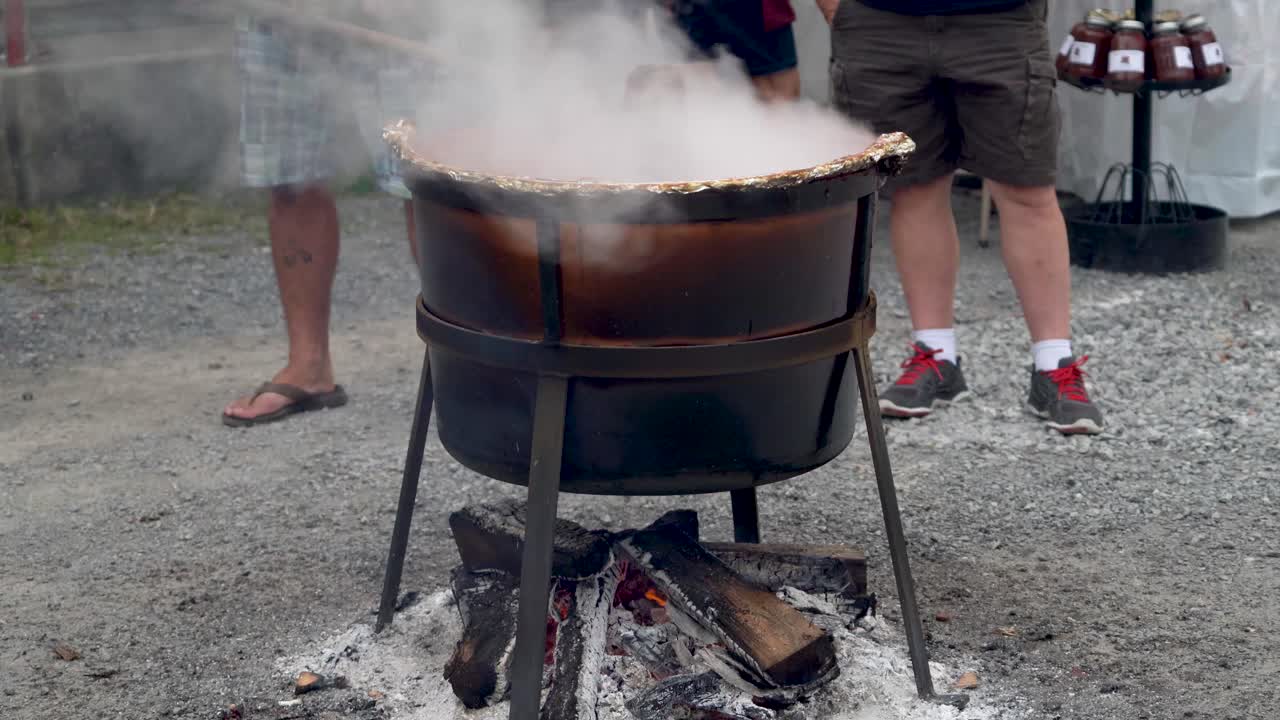 Outdoor Cooking with a Large Pot over a Wood Fire