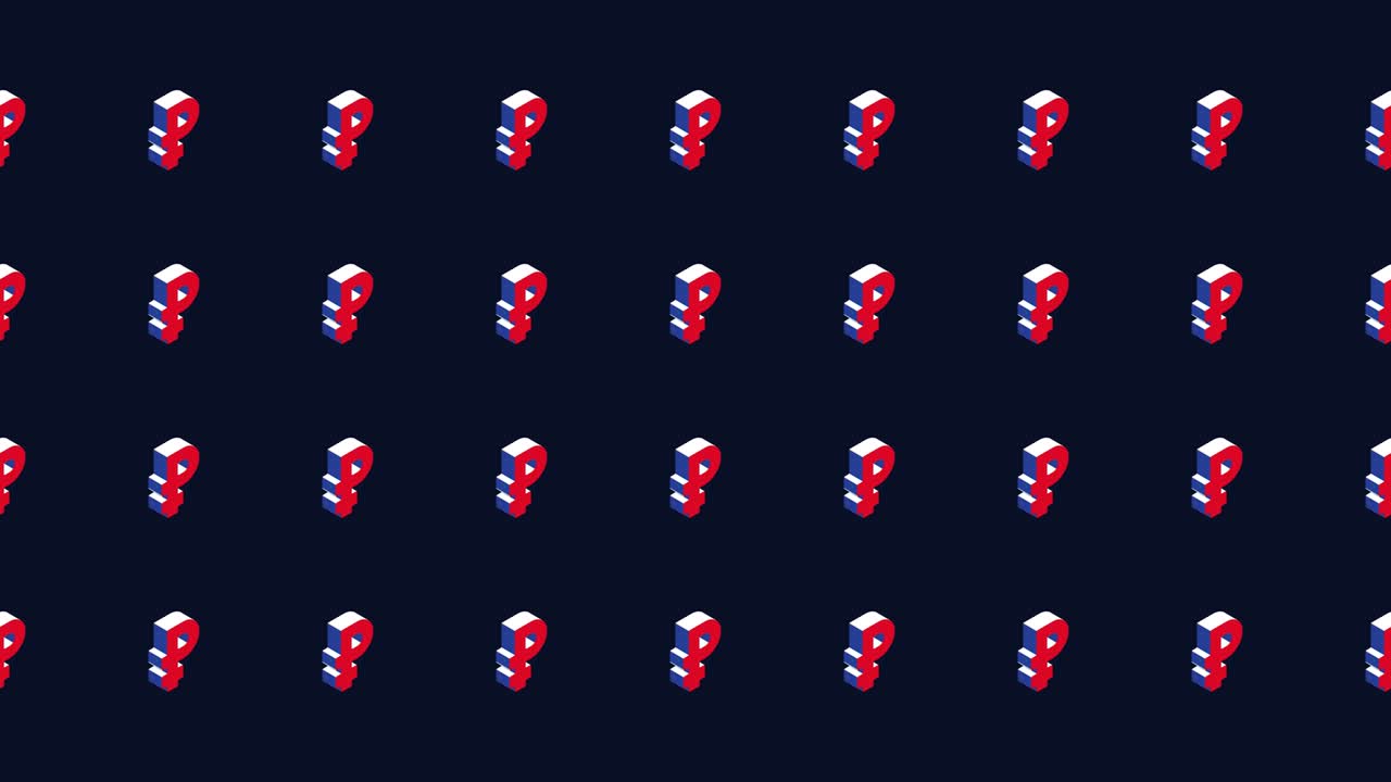 Russian Ruble isometric symbols animated pattern on a dark background. Simple seamless loop modern motion graphics
