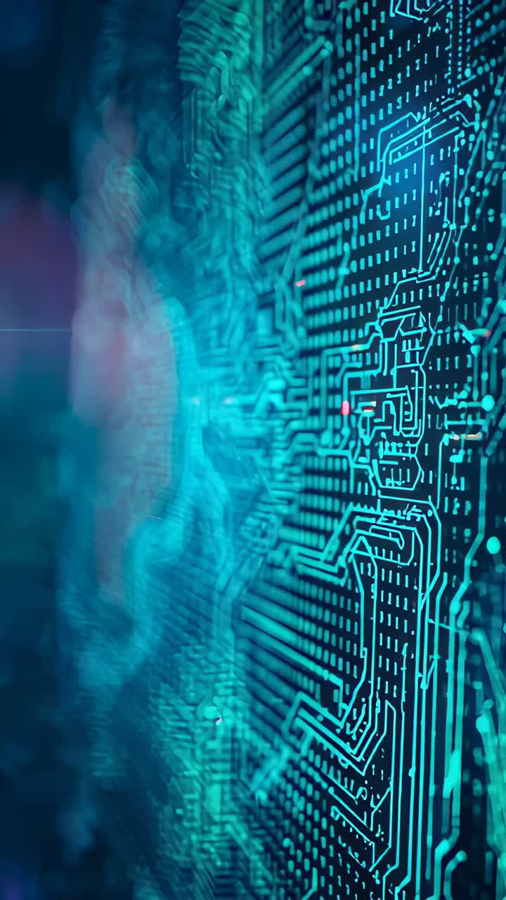 Vertical video: Shifting camera showing PCB traces pads in lab, glowing node indicating data flow
