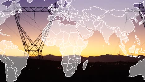 animation of world map over electricity pylons
