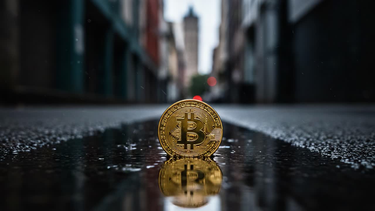 Gold Bitcoin Coin on a Wet Urban Street