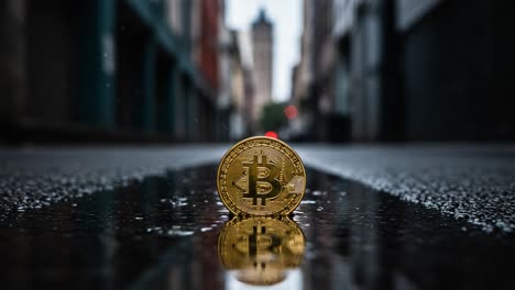 gold bitcoin coin on a wet urban street