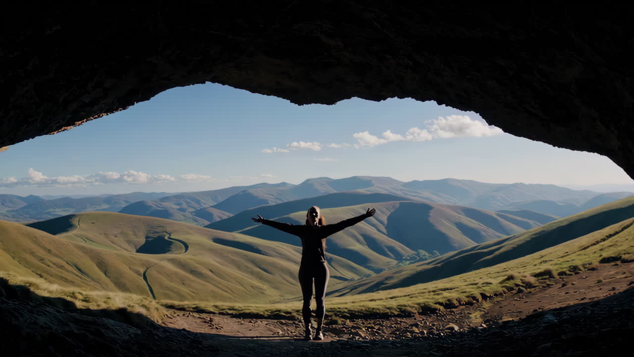 Woman in a mountain cave enjoying the view