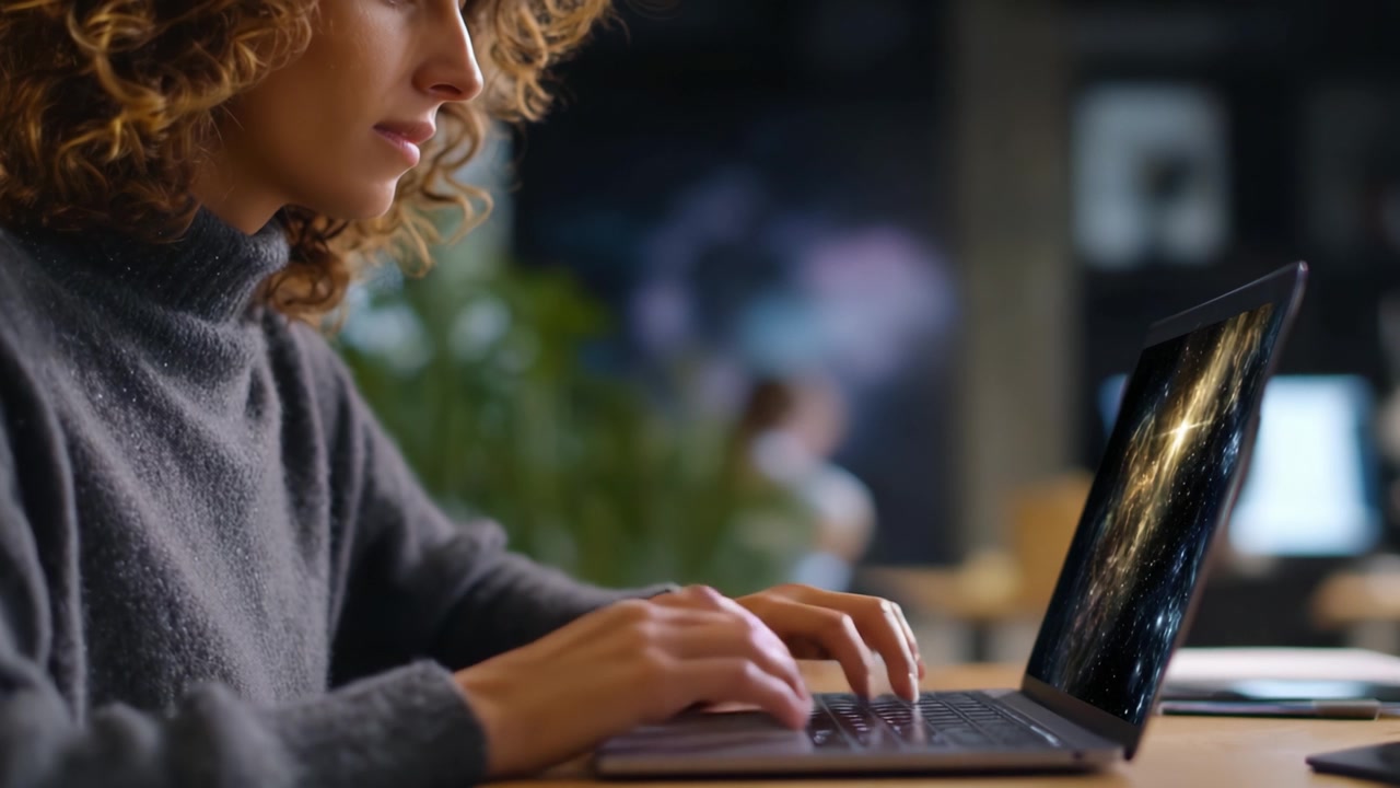 Focused young woman working on a laptop, showcasing concentration and productivity in a modern workspace with a blurred background and creative atmosphere.