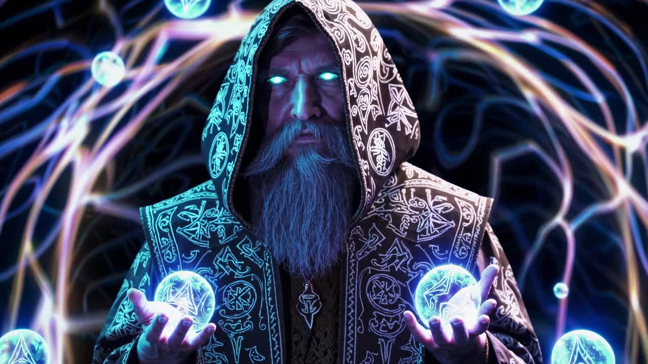 Powerful sorcerer wearing a robe with glowing runes, manipulating magic spheres and controlling energy flows with his hands, creating a mystical atmosphere with a dark background and light trails