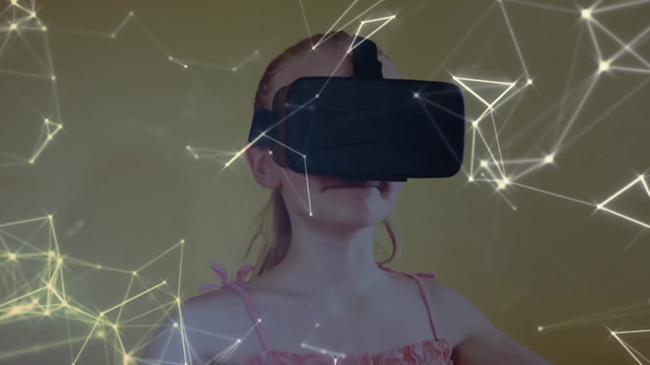 animación de una chica usando un auricular vr sobre una red de puntos conectados en el fondo