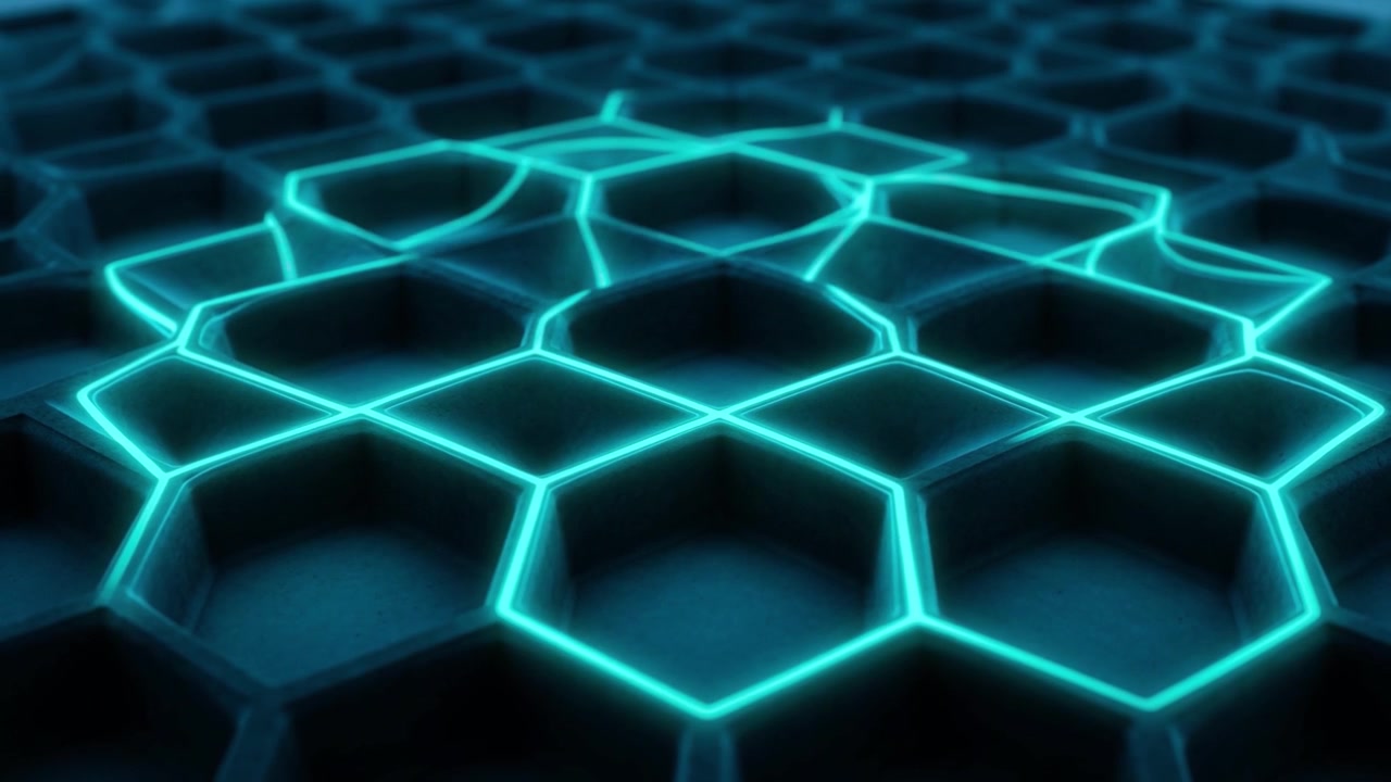 Luz Ciano Brilhante Espalhando-se por uma Grade Hexagonal Escura