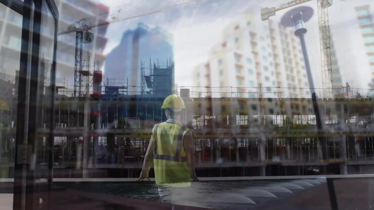 Operaio edile che guarda degli edifici