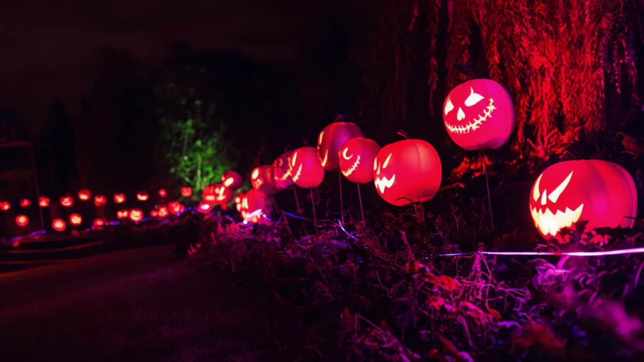 A Spooky Display of Illuminated Jack-O'-Lanterns Glowing Under the Night Sky, Creating an Eerie Yet Festive Atmosphere Perfect for Halloween Celebrations