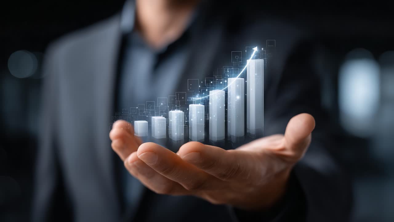 Exploring Growth and Progress: A Businessman Holding a Holographic Graph Depicting Rising Trends and Data Analytics in a Modern Office Environment