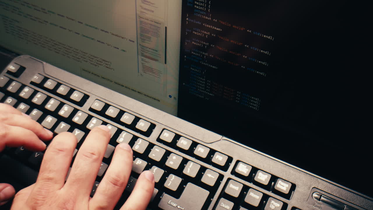 Detailní záběr rukou píšících kód na klávesnici počítače
