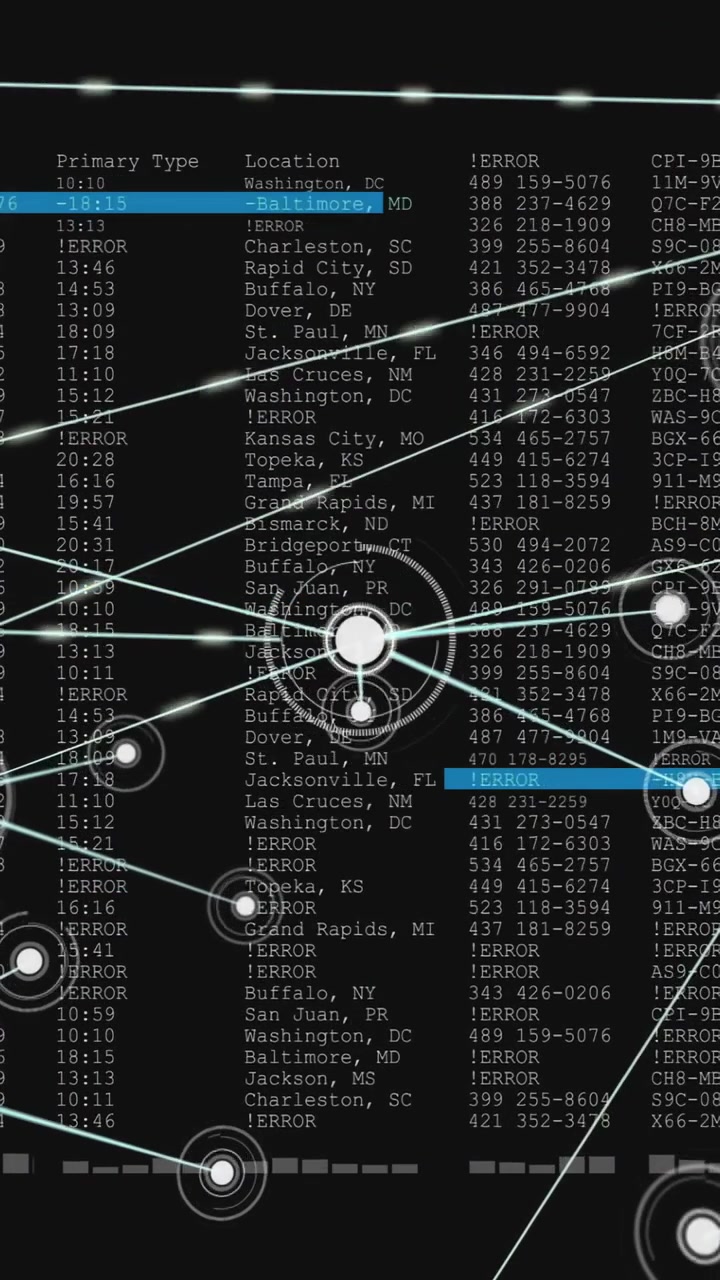 Central white round hub pulsing and linking network nodes while cyan scan bar scanning data columns