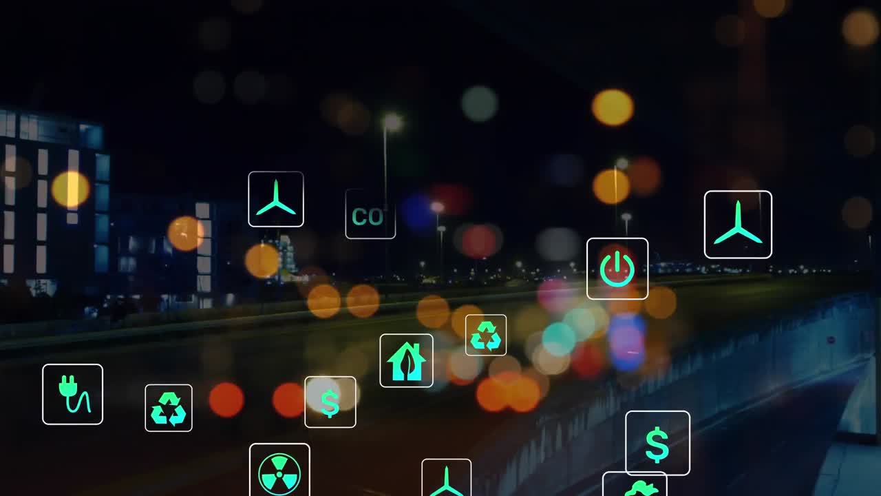 animación de múltiples iconos digitales contra una vista aérea del lapso de tiempo del tráfico nocturno de la ciudad