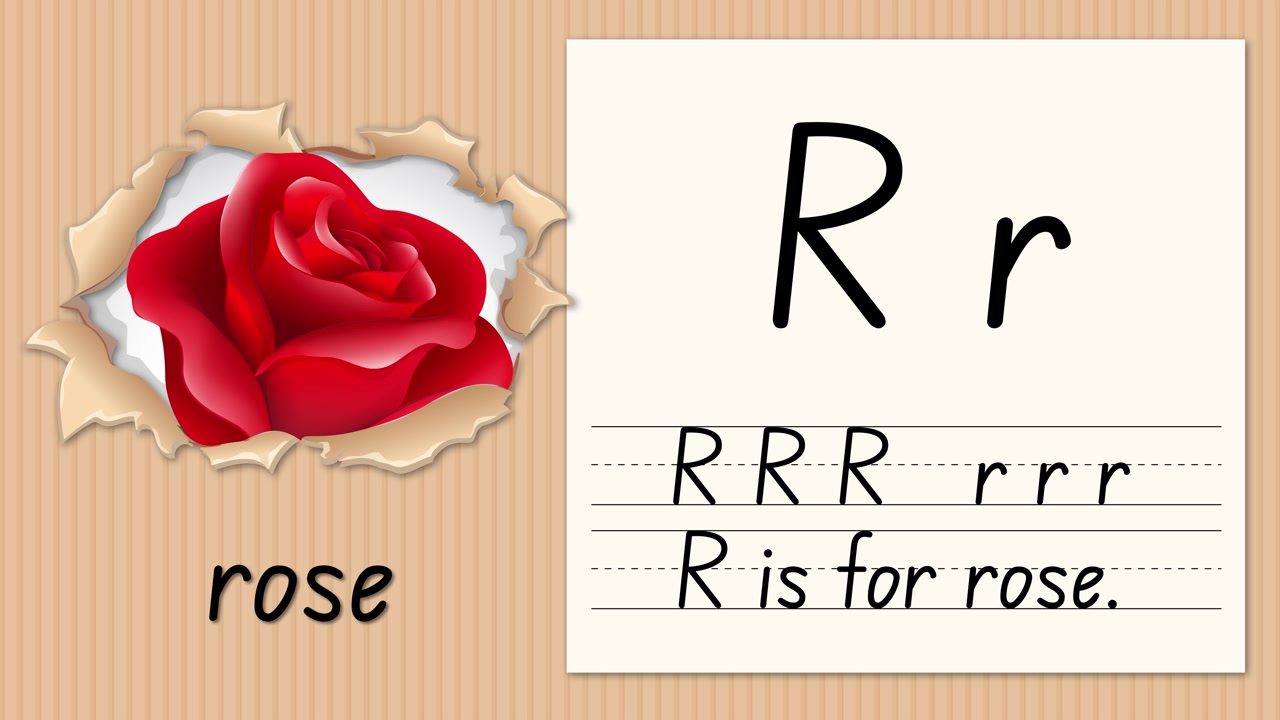 Una grafica educativa animata dimostra come scrivere la lettera R accanto a un'illustrazione di una rosa rossa