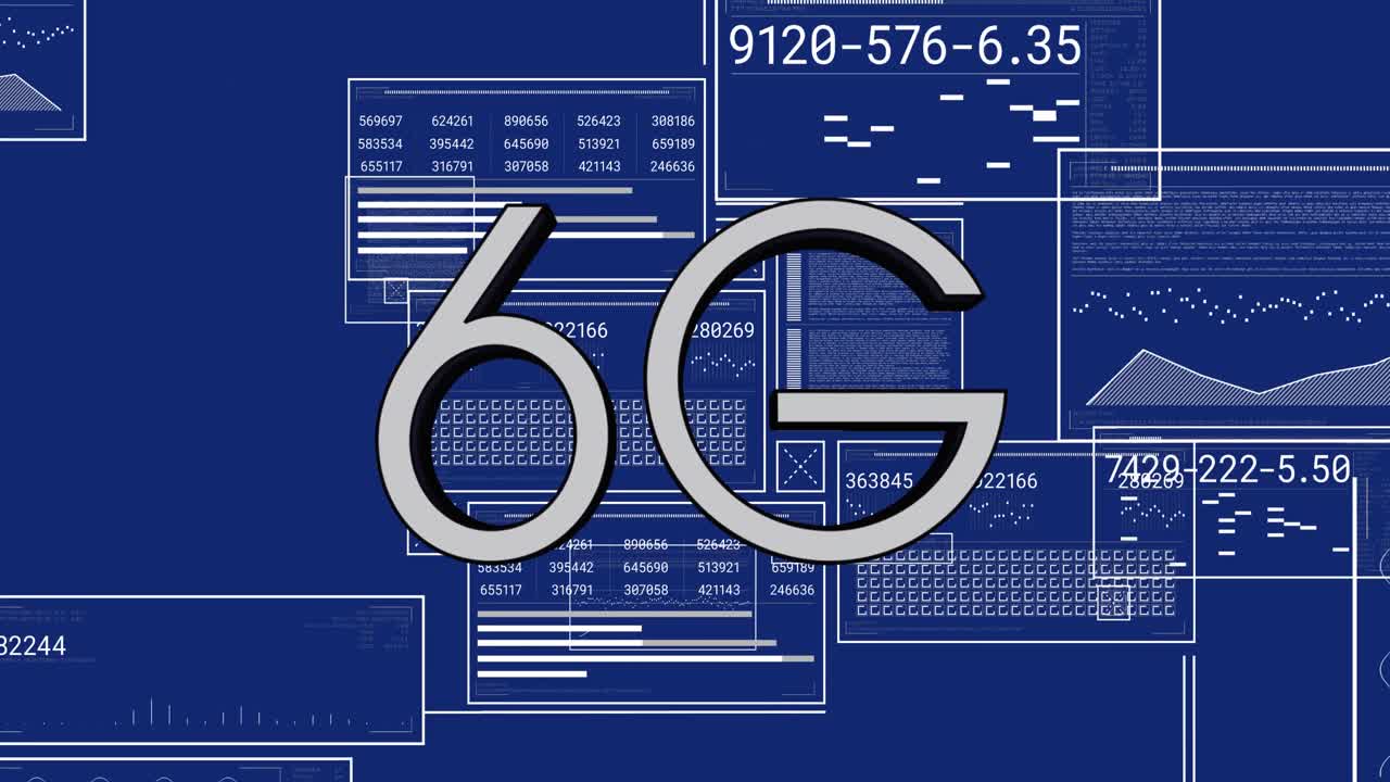 Animation of 6g text banner over interface with data processing against blue background