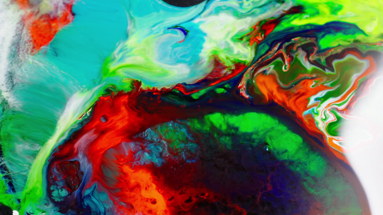 Fluxo de tinta com cores vibrantes em close-up, arte abstrata analógica e cores fluorescentes fortes