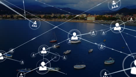 network of connections and data processing animation over coastal town and boats