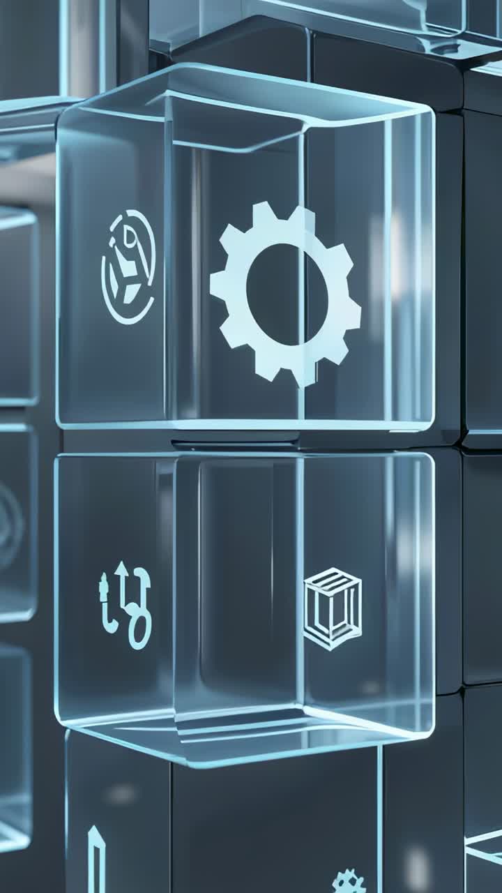 Vertical video: Rotating cube grid on dark digital plane, white gear cube detaching, lifting upward