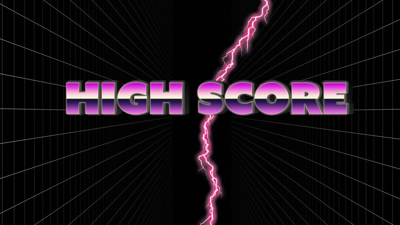Animation af high score-tekst over lyn på sort baggrund.