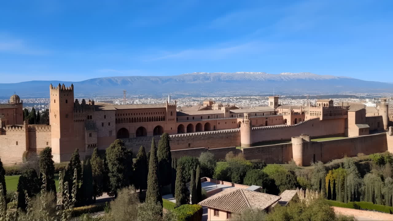 Vista panorâmica do Palácio de Alhambra e da Serra Nevada em Granada, Espanha