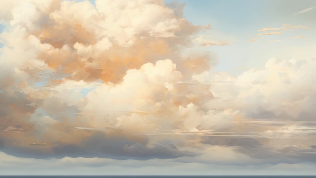 A serene video scene of fluffy clouds in a blue sky, captured from a low angle, showcasing a dreamy