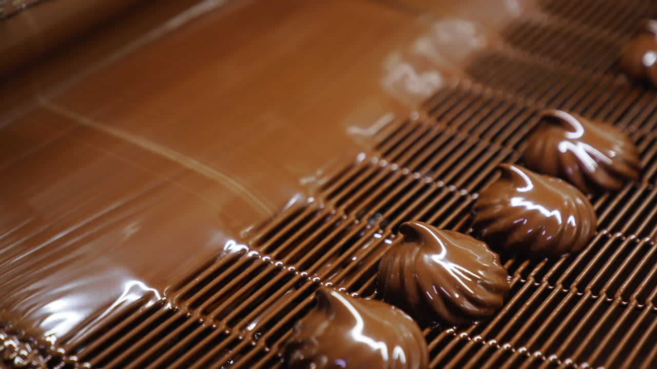 Marshmallows being deepened into a thick layer of chocolate. Production of zephyr sweets at confectionary factory. Close up.