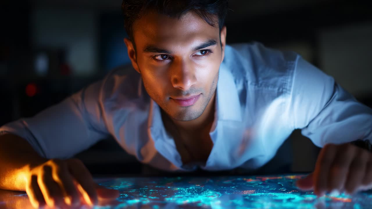 A focused individual intensely examines a luminescent surface, engaged in a moment of contemplation and discovery, showcasing curiosity and innovation in a futuristic and tech-driven environment