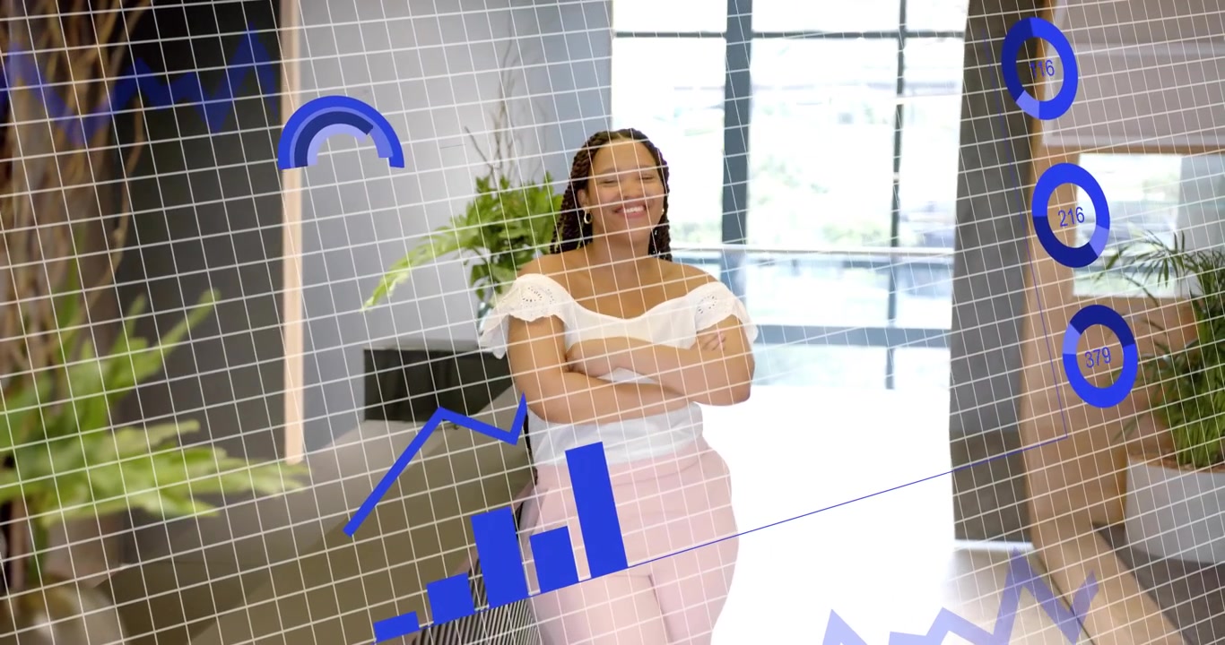 Femme appuyée à une balustrade activant une superposition de grille, affichant des graphiques d'analyse et montrant la croissance