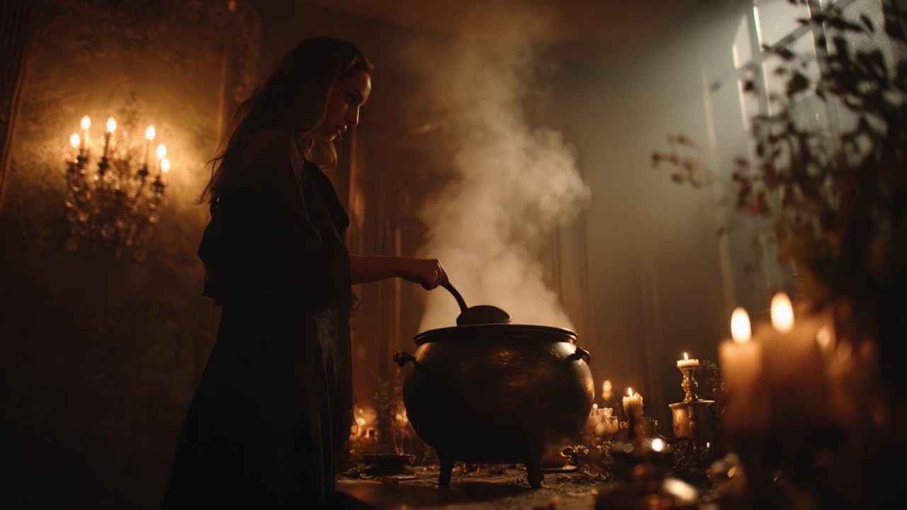 A Mysterious Scene: A Woman in Dark Attire Engaging with a Cauldron, Surrounded by Flickering Candles and an Enigmatic Atmosphere of Enchantment